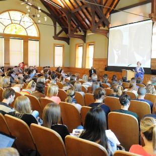 Winants Auditorium seating is full for a campus event