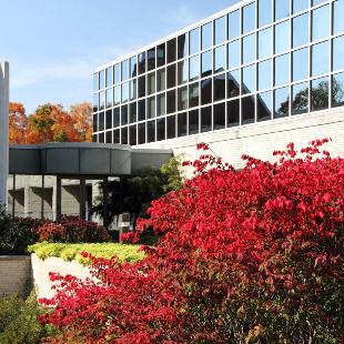 An exterior view of the glass windows of Van Zoeren Hall